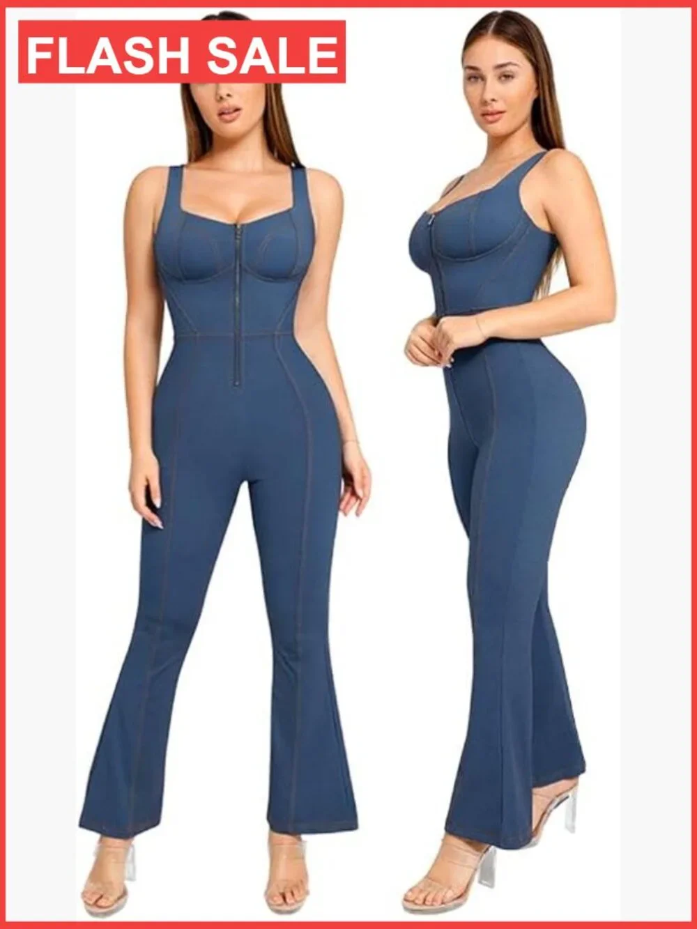 Faux Denim Jumpsuit with Built-in Shapewear Tummy Control